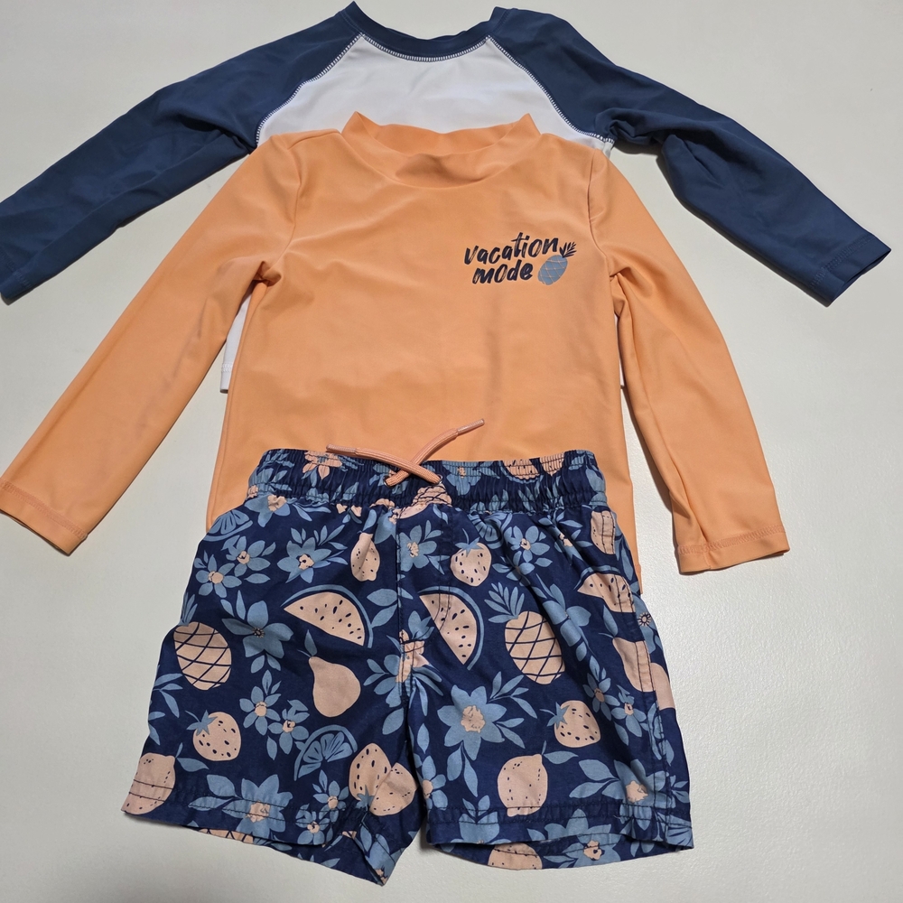 Carter's Peach Orange Rashguard Set with Navy Fruit-Print Shorts